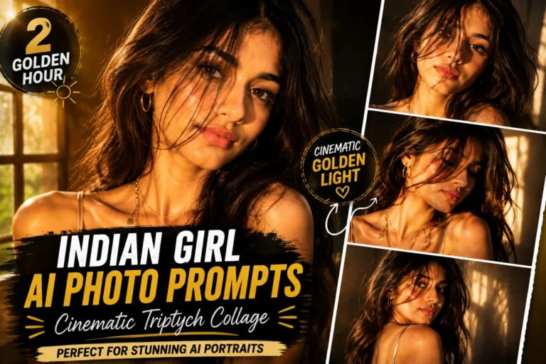 Prompt Seen – 2 Golden Hour Indian Girl AI Photo Prompts featuring a cinematic triptych collage with warm golden sunlight, dramatic shadows, and stylish Indian girl portraits.
