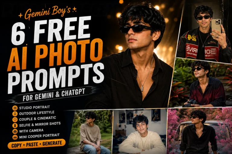Cinematic promotional thumbnail featuring a modern Indian young man with stylish dark hair and sunglasses, surrounded by six AI photo prompt scenes including a studio portrait, outdoor lifestyle, mirror selfie, racing jacket, Canon camera portrait, and Mini Cooper editorial portrait, with bold “6 FREE AI PHOTO PROMPTS” text for Gemini and ChatGPT.