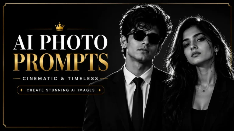 AI Photo Prompts featuring a stylish Indian couple in elegant black outfits, cinematic black-and-white portrait with a luxury Power Couple aesthetic