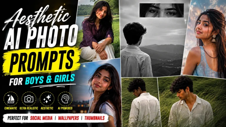 AI Photo Prompts featuring aesthetic cinematic photos of boys and girls with ultra-realistic portraits, dreamy landscapes, and creative photography styles