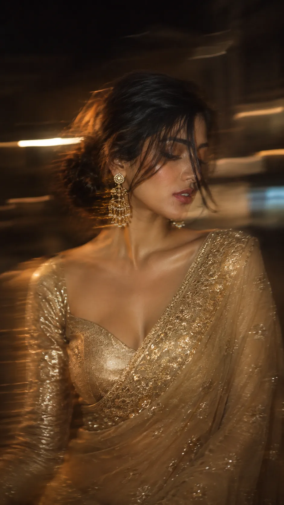 Cinematic Golden Saree AI Photo Prompt example
