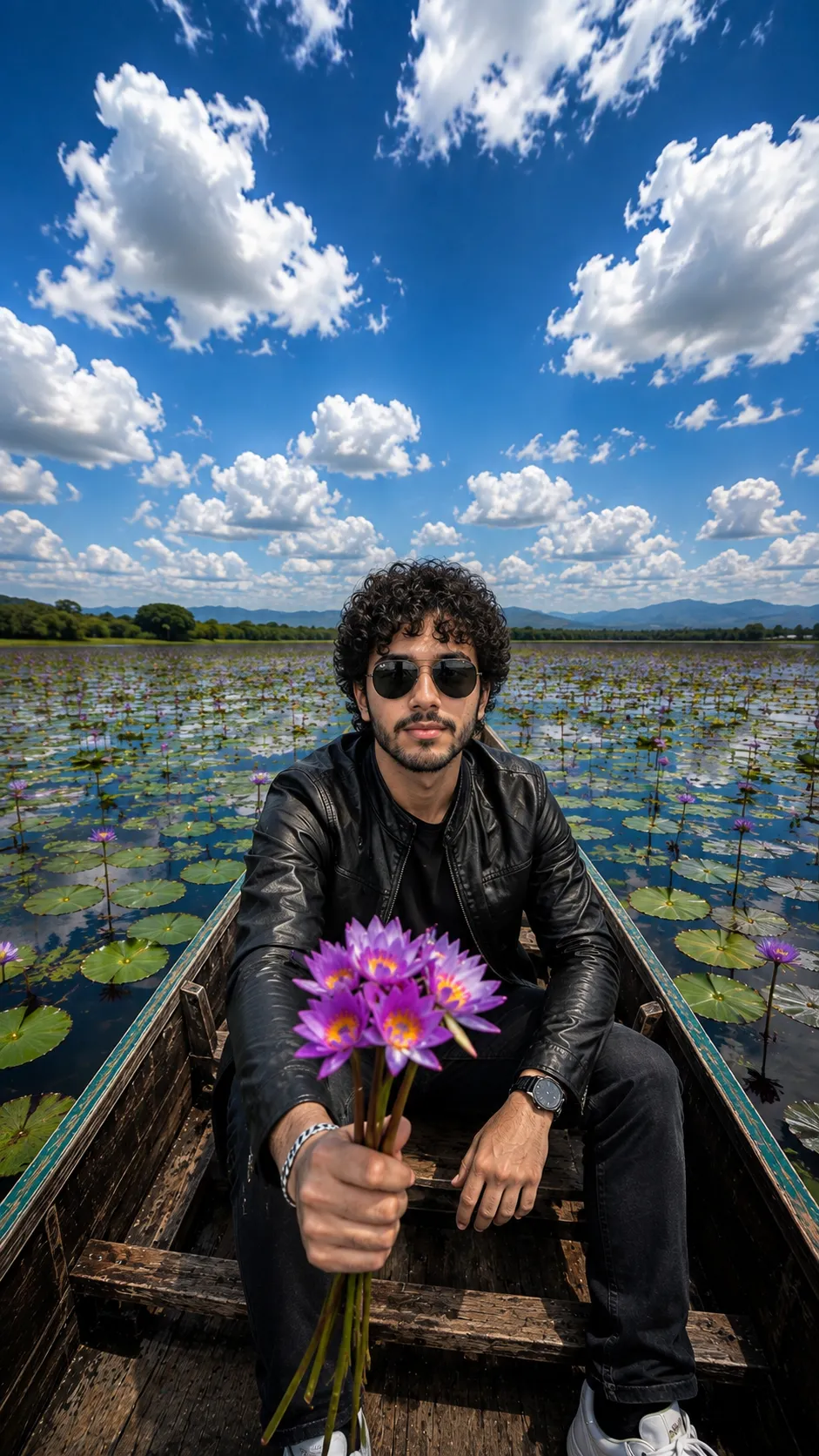 Aesthetic boat photo editing prompt black outfit sunglasses example