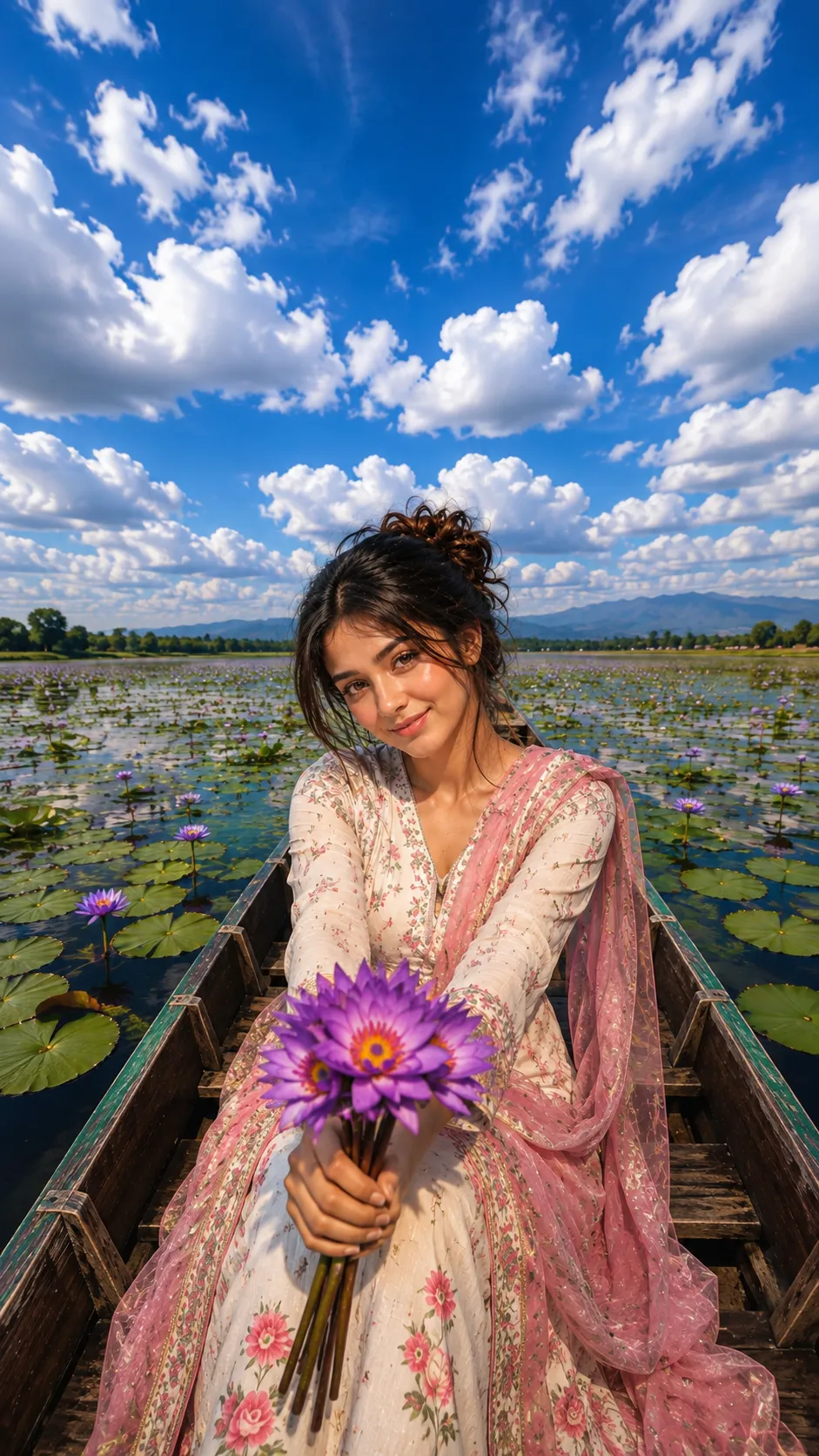 Aesthetic boat photo editing prompt pink traditional outfit example