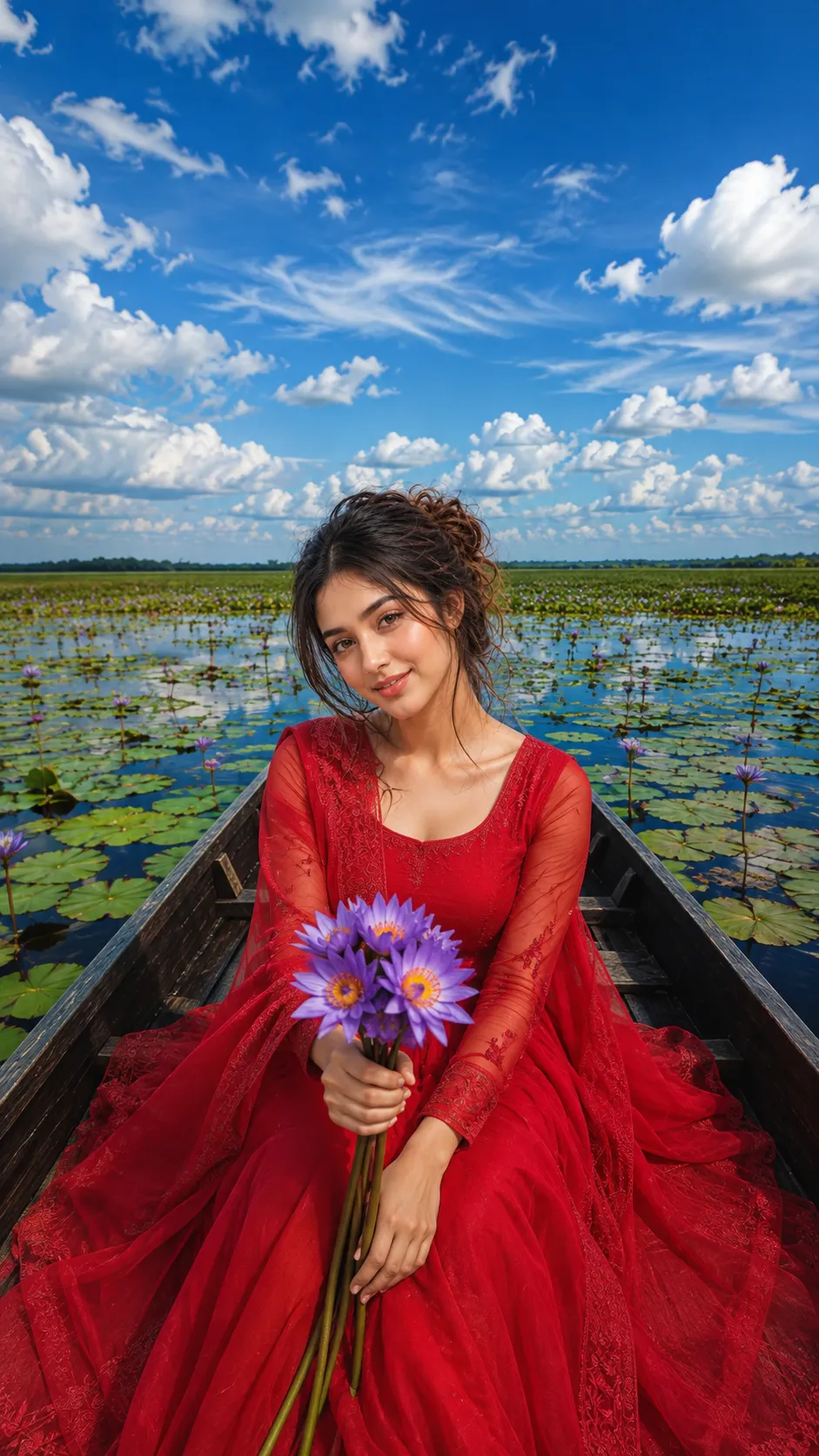 Aesthetic boat photo editing prompt red dress lotus flowers example