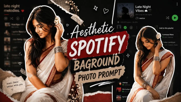 Prompt seen featuring a beautiful South Asian woman in a white saree with red border, jasmine flowers, and a white sticker outline over an aesthetic blurred Spotify background.