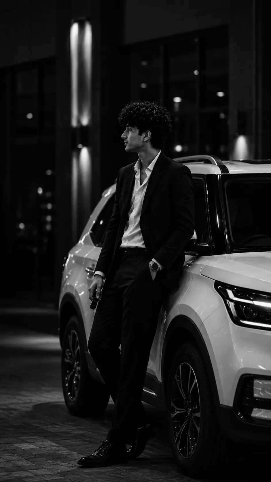 Black Suit Boy with Luxury SUV AI Photo Prompt example