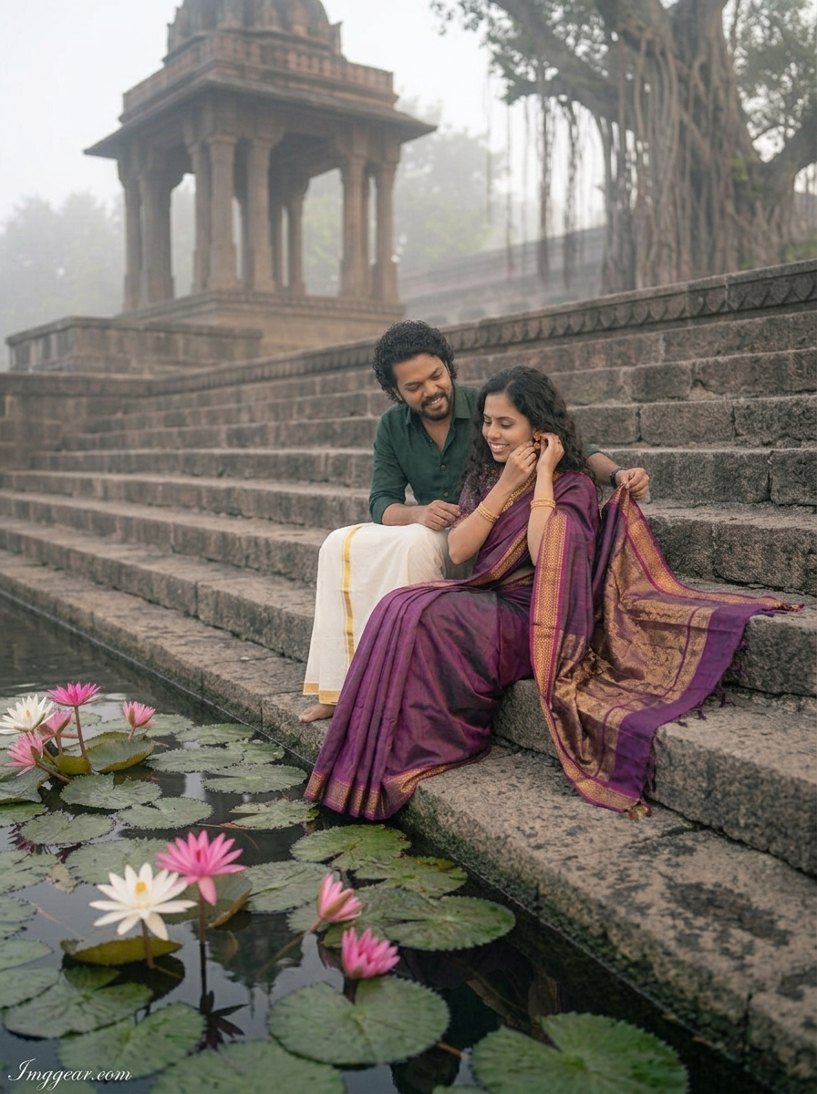 Temple pond couple AI photo prompt candid water reflection example