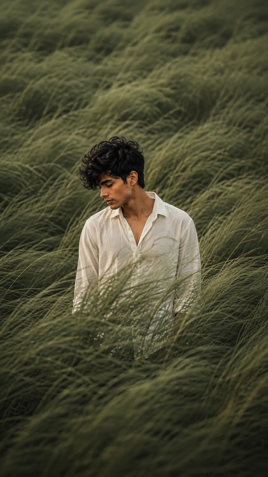 Windswept Green Grass Field AI Photo Prompt example