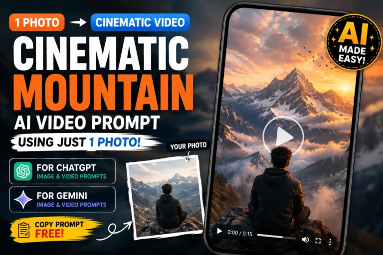YouTube thumbnail showing a cinematic mountain AI video prompt that transforms one photo into a realistic mountain video using ChatGPT and Gemini on Prompt Seen.