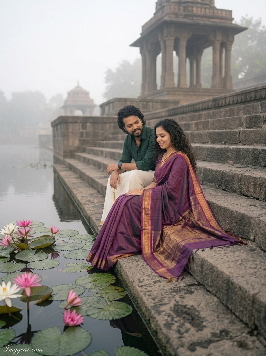 Temple pond couple AI photo prompt diagonal cinematic steps example
