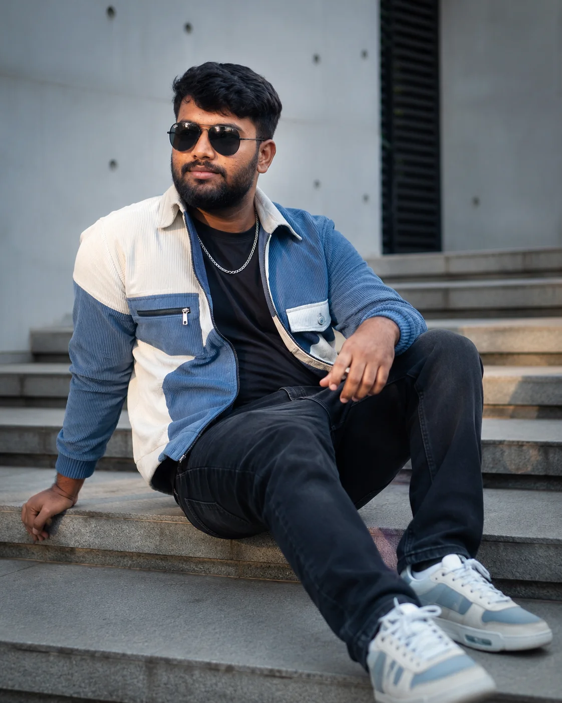 Prompt Seen Gemini Boy Cinematic Urban Fashion Portrait on Concrete Stairs AI Prompt example