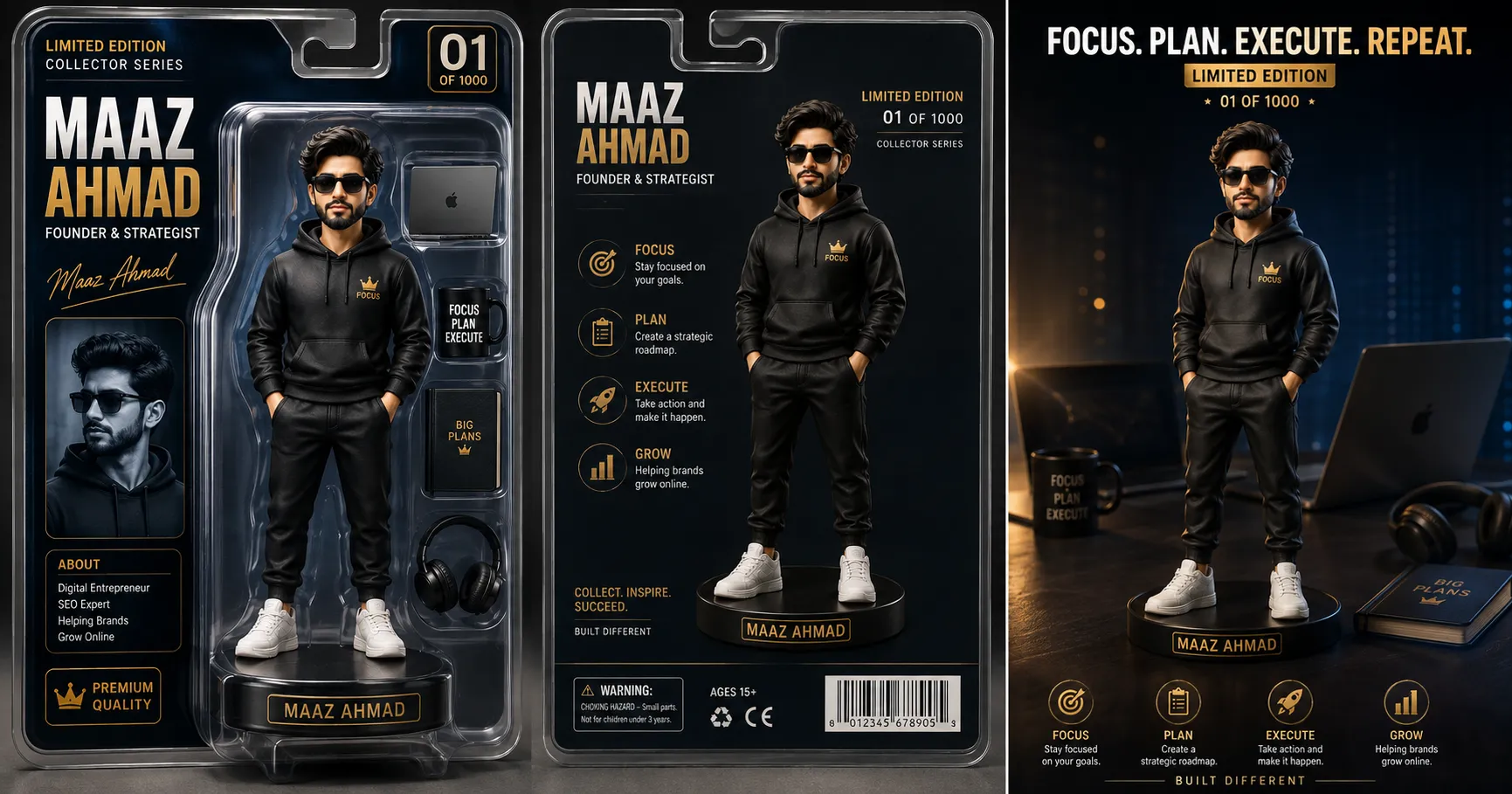 Three collectible toy portrait designs featuring premium action figure packaging generated with a free ChatGPT and Gemini AI prompt.