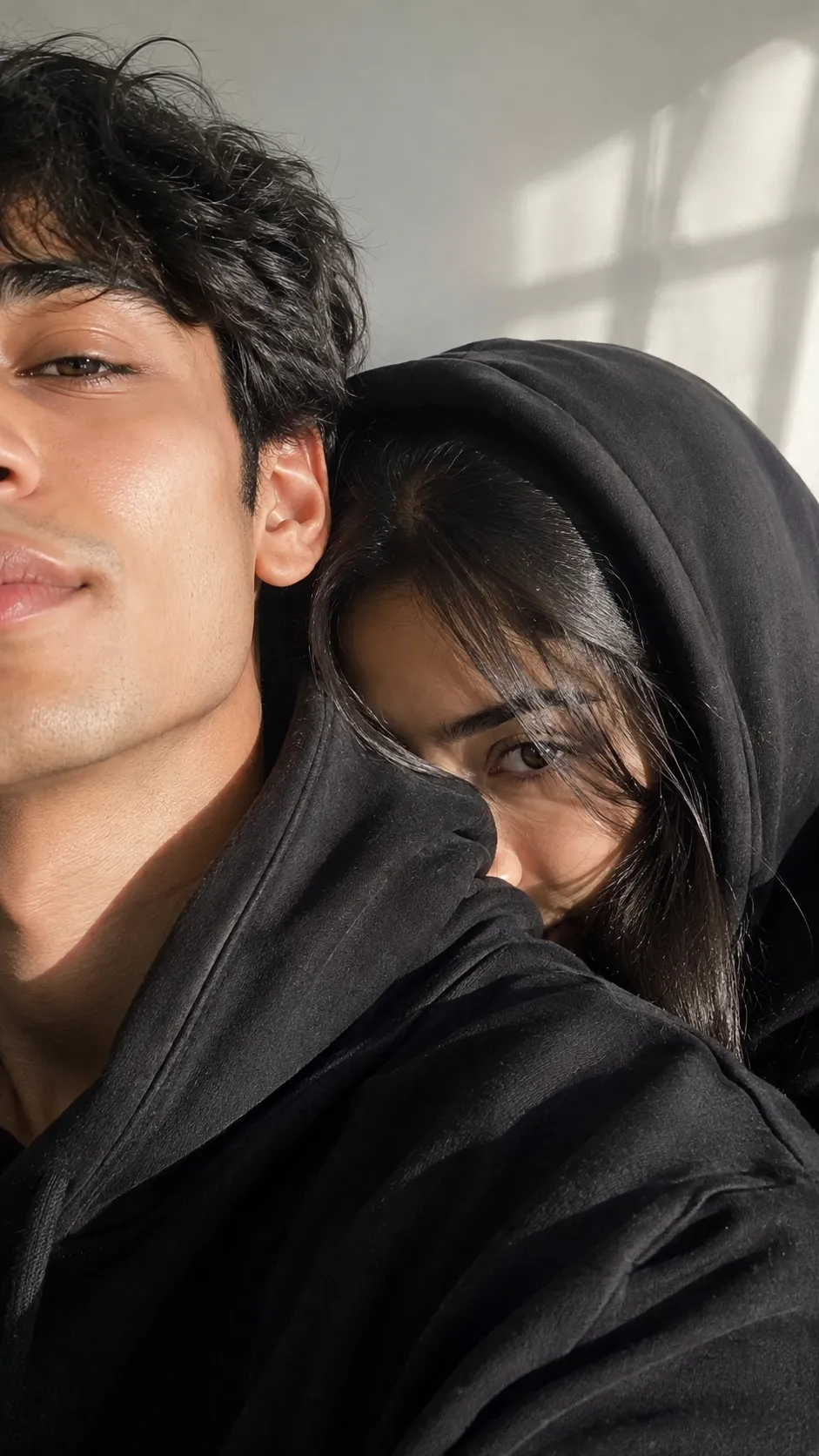 Couple AI photo editing prompt black hoodie selfie example