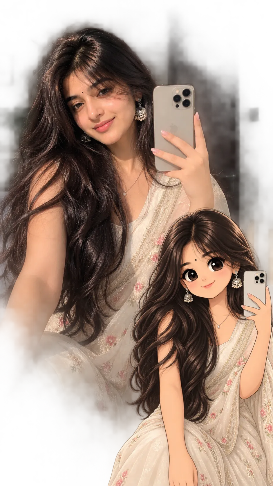 Crayon Shin-Chan character AI photo prompt white saree style example