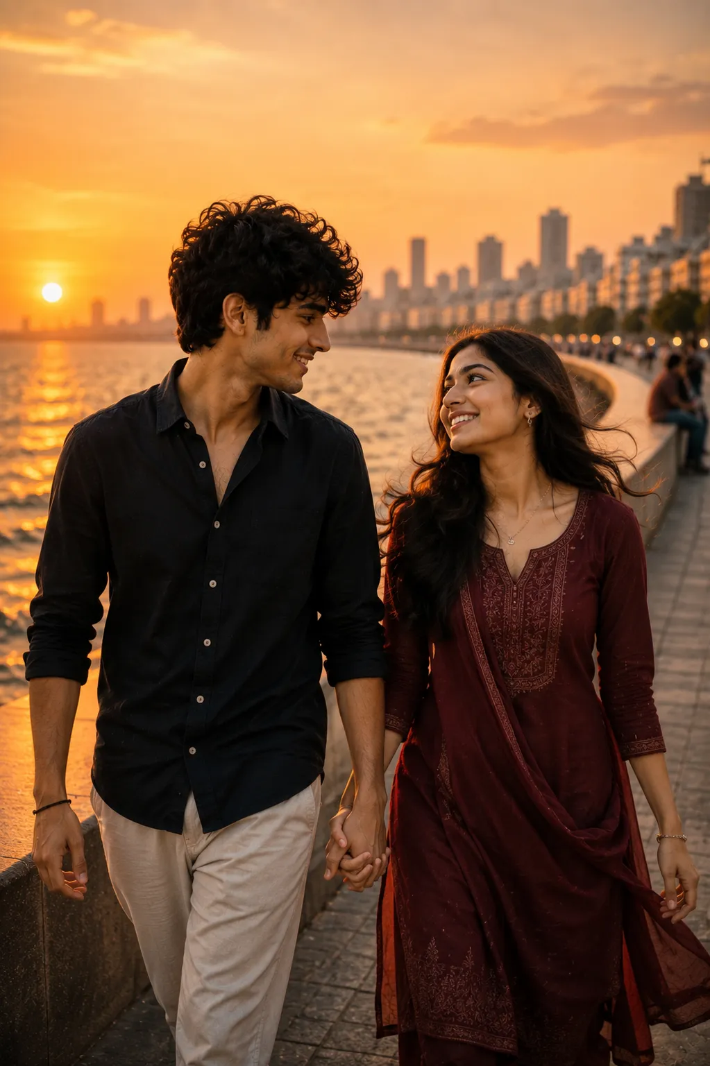 Marine Drive Sunset Couple AI Photo Prompt
