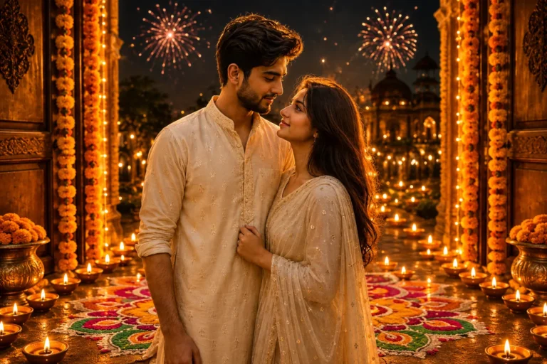 AI-generated Diwali portrait of a couple wearing traditional festive clothing with glowing diyas, rangoli, and fireworks created using the Diwali AI Photo Prompt for ChatGPT and Gemini.