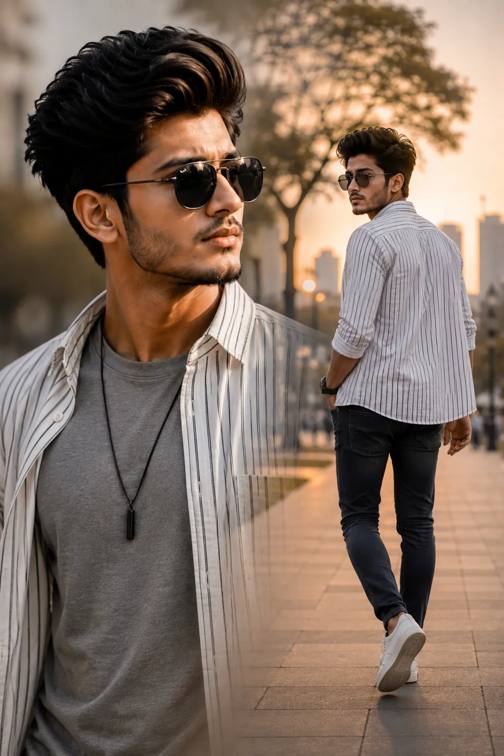 Double Exposure Indian Boy Walking Portrait AI Prompt example