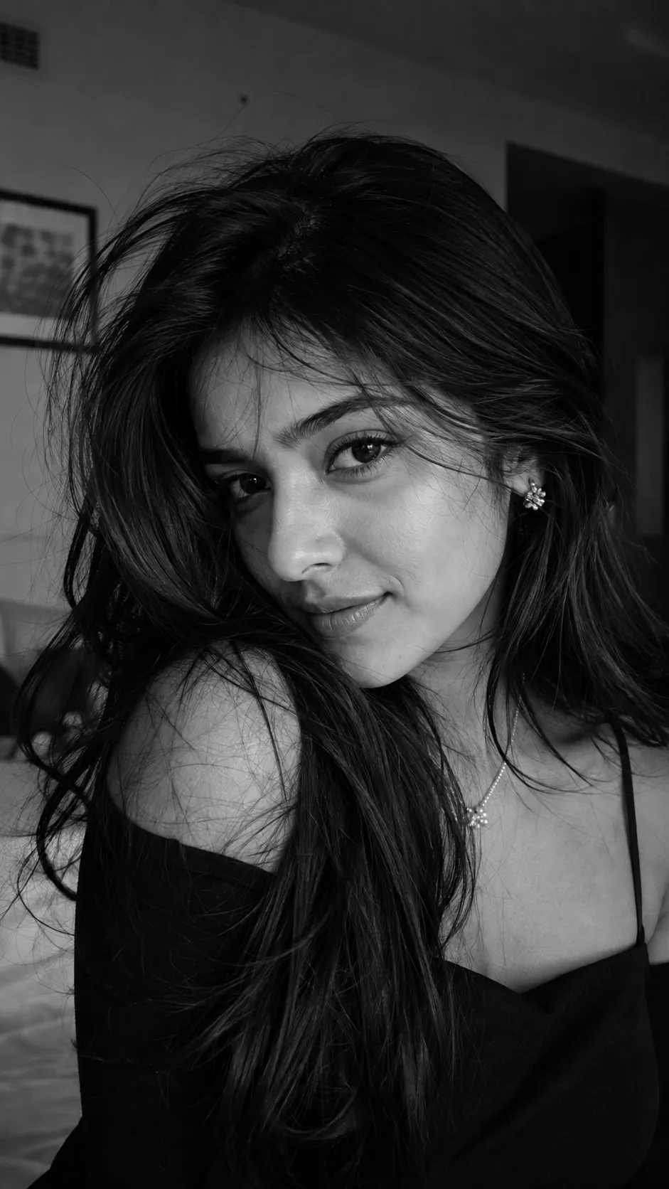 Dreamy wallpaper photo prompt black and white portrait example