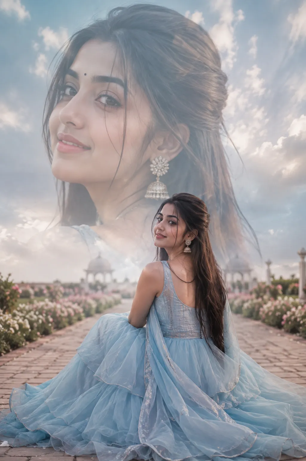 Dreamy Blue Gown Garden Portrait AI Photo Prompt example