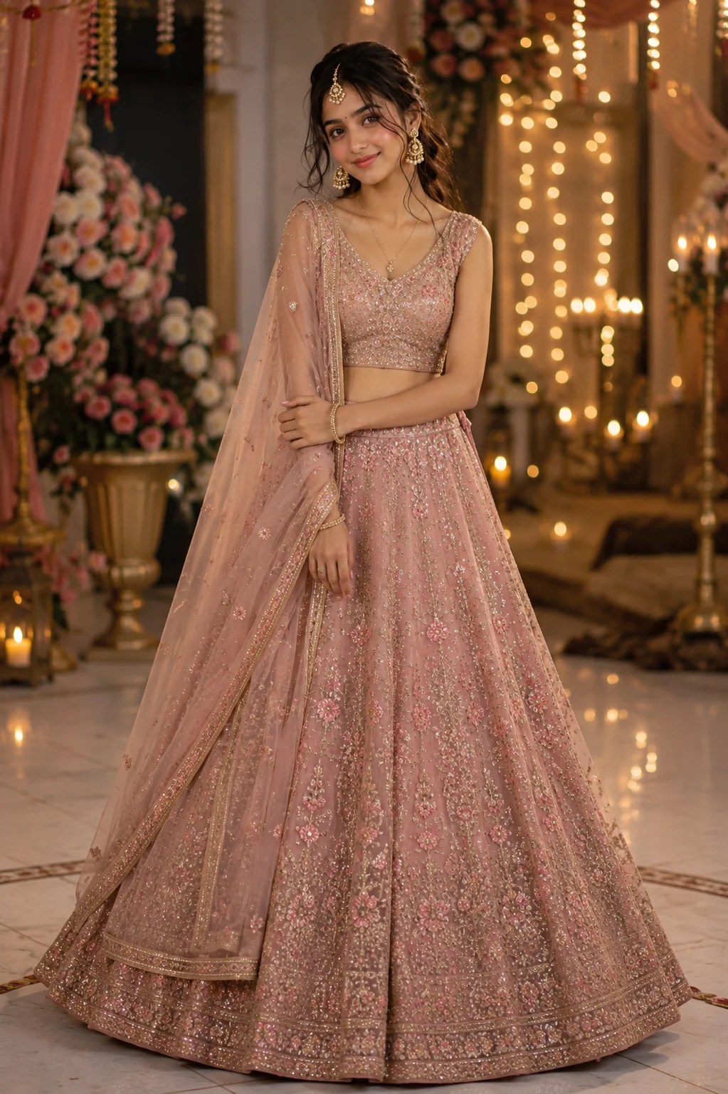 Prompt Seen girl lehenga pastel pink AI photo prompt example