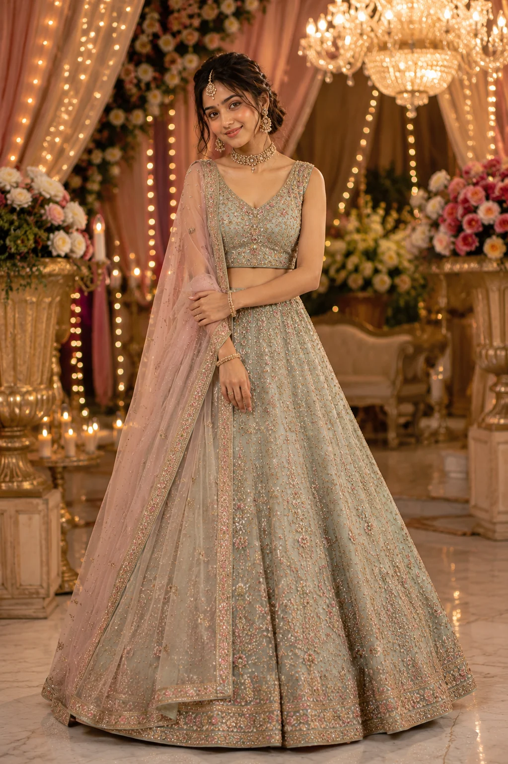 Prompt Seen girl lehenga sage green AI photo prompt example