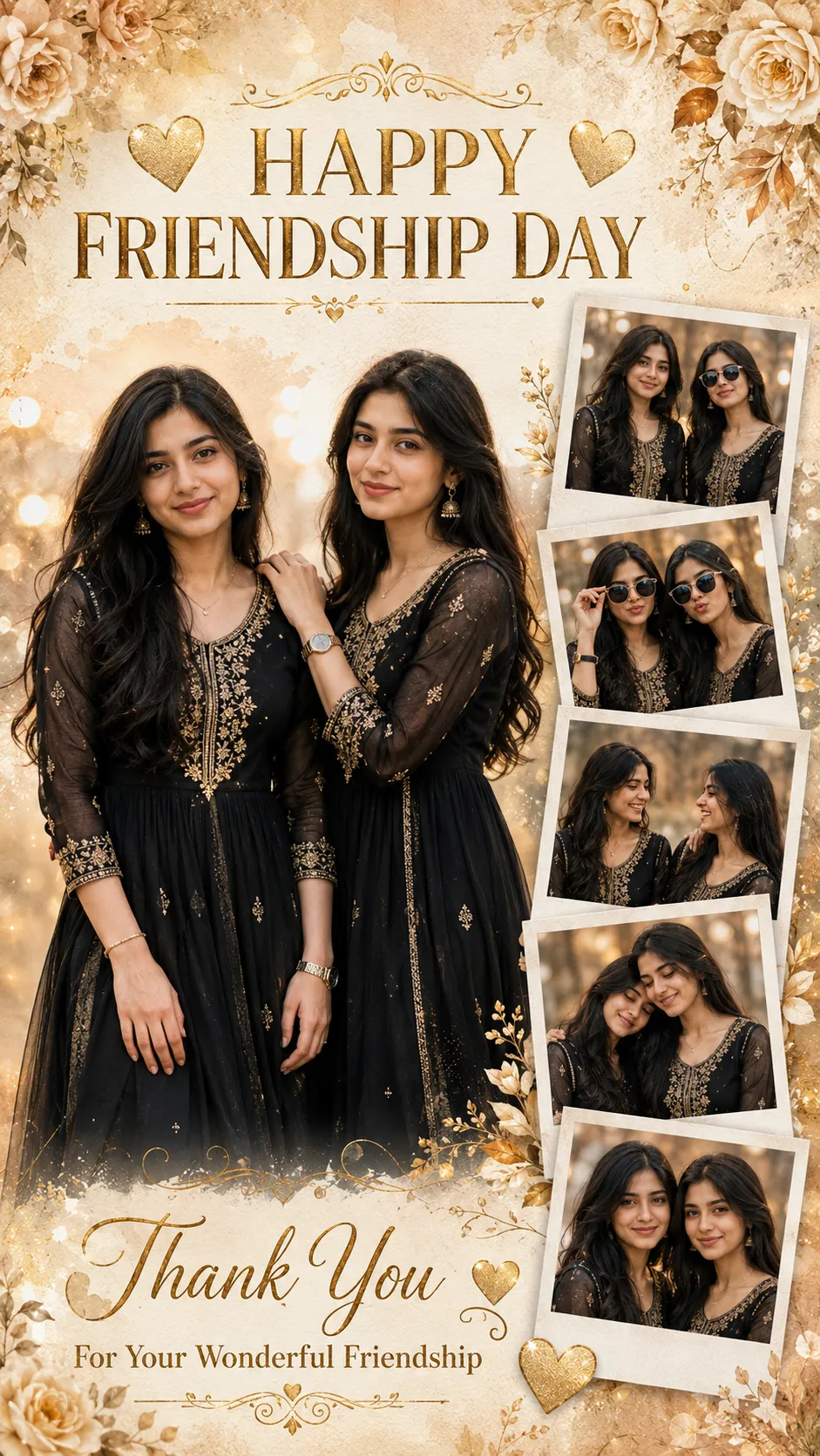 Friendship Day AI photo editing prompt vintage scrapbook collage for girls example