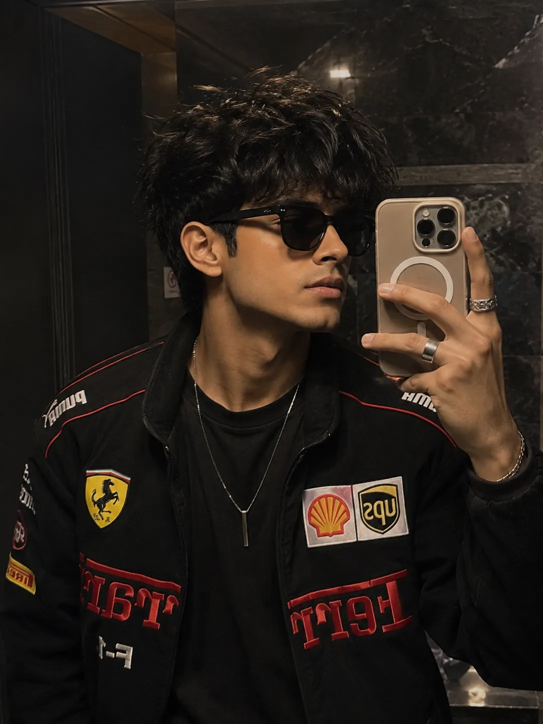 Gemini aesthetic photo editing prompt for boys Ferrari jacket mirror selfie example