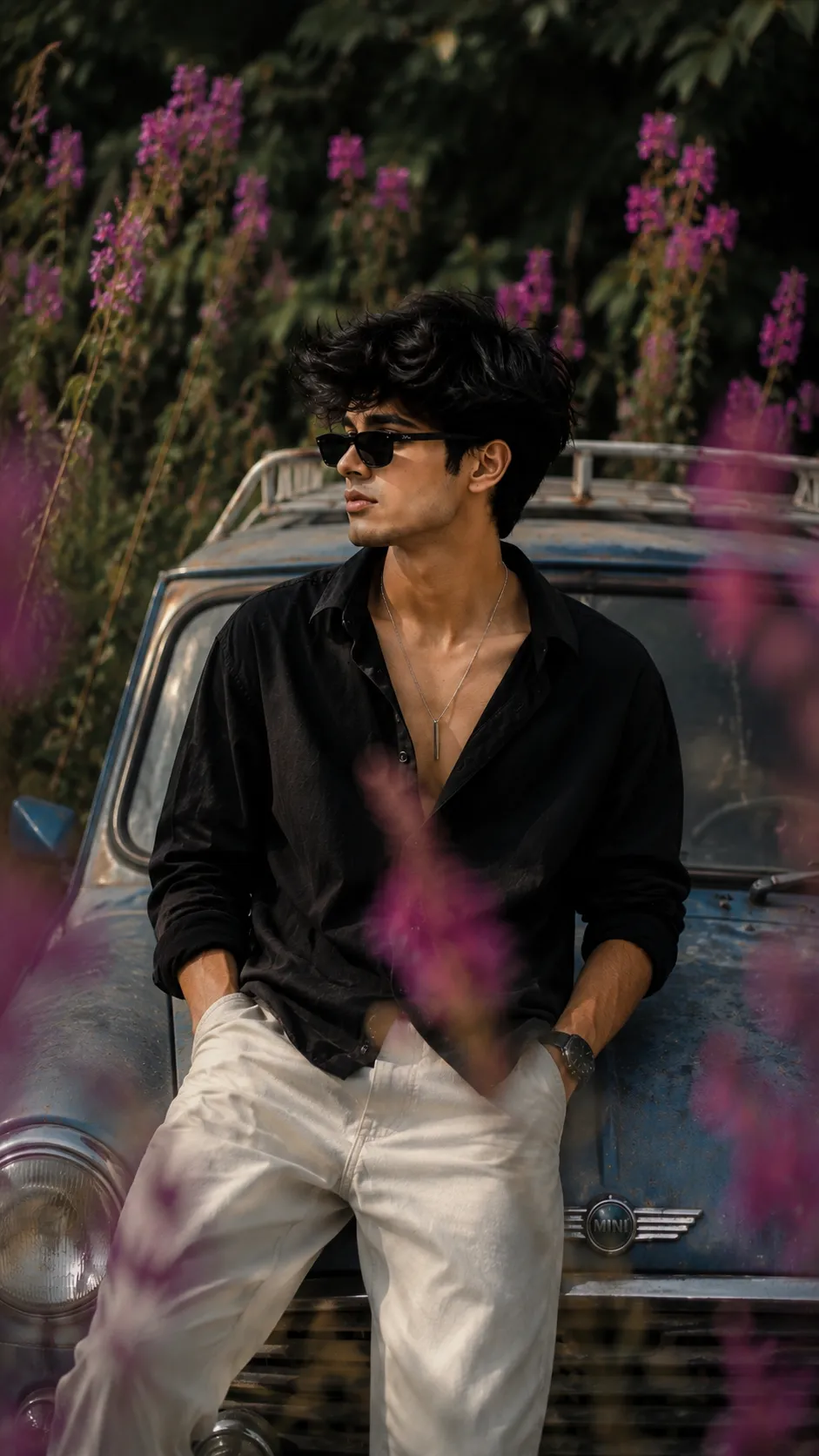 Gemini aesthetic photo editing prompt for boys Mini Cooper wildflower portrait example