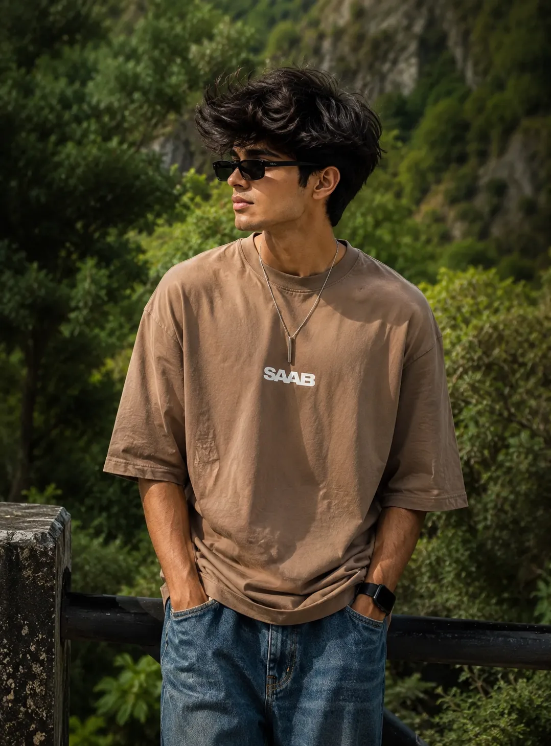 Gemini aesthetic photo editing prompt for boys SAAB T-shirt outdoor style example