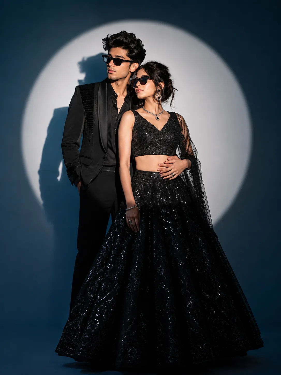 Girlfriend Day special prompt black sherwani royal blue lehenga studio couple example