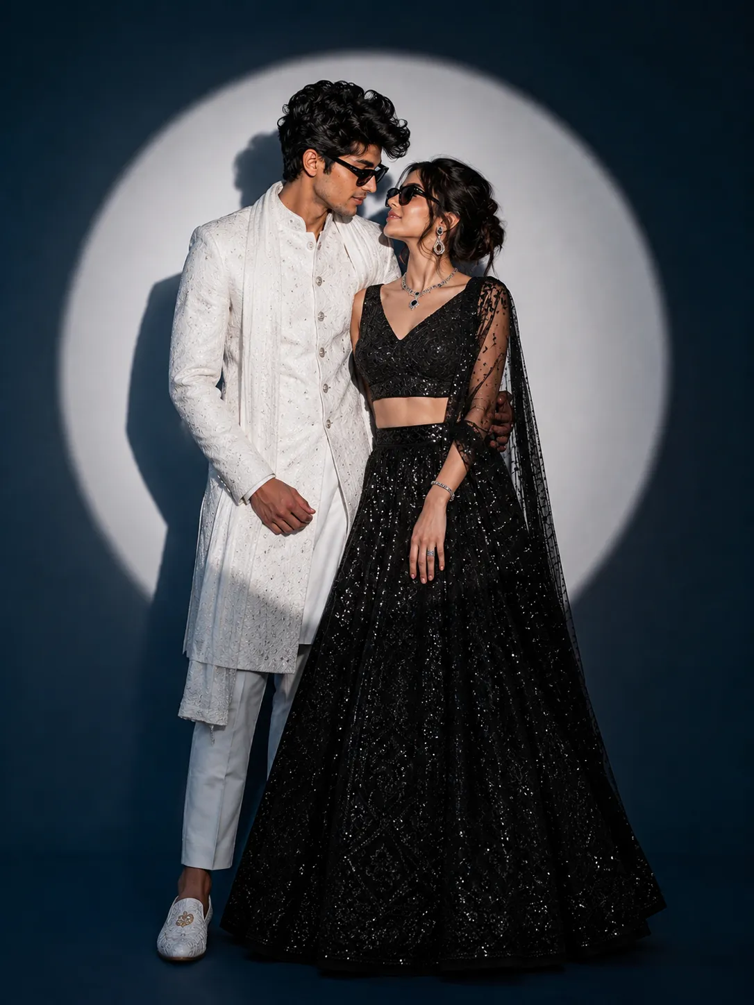 Girlfriend Day special prompt black suit black lehenga studio couple example