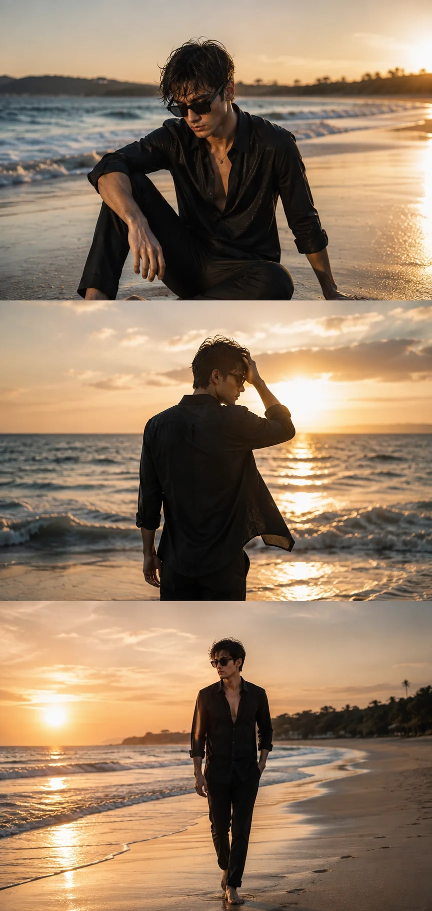 Prompt Seen Attitude Boy Golden Hour Beach Triptych AI Prompt example