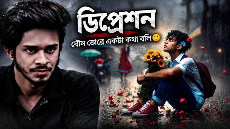 A cinematic feature image showing a serious young man on the left and a sad boy sitting in the rain holding sunflowers on the right. The background includes falling rain, scattered red rose petals, a blurred figure in red, and Bengali text reading "Depression," creating an emotional and melancholic atmosphere.