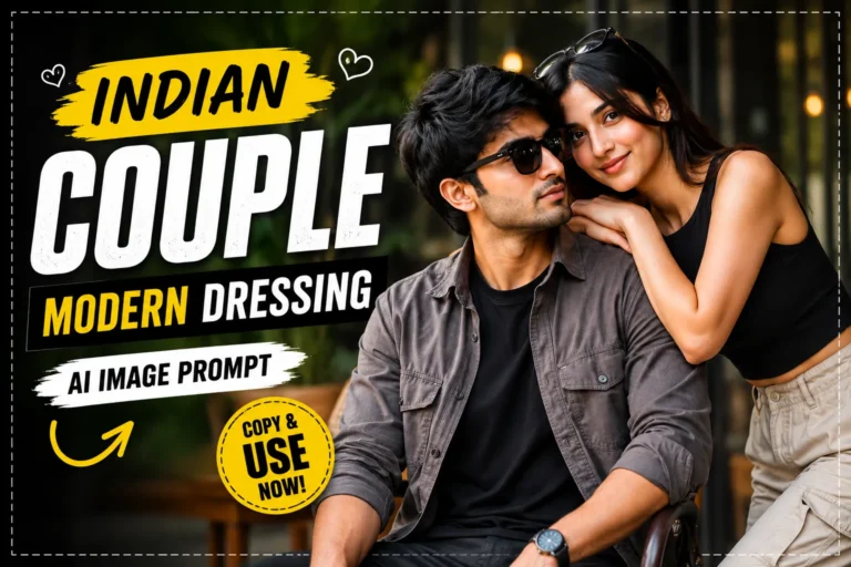 YouTube thumbnail featuring a stylish modern Indian couple with bold text 'Indian Couple Modern Dressing AI Image Prompt', perfect for ChatGPT and Gemini AI photo prompt posts.