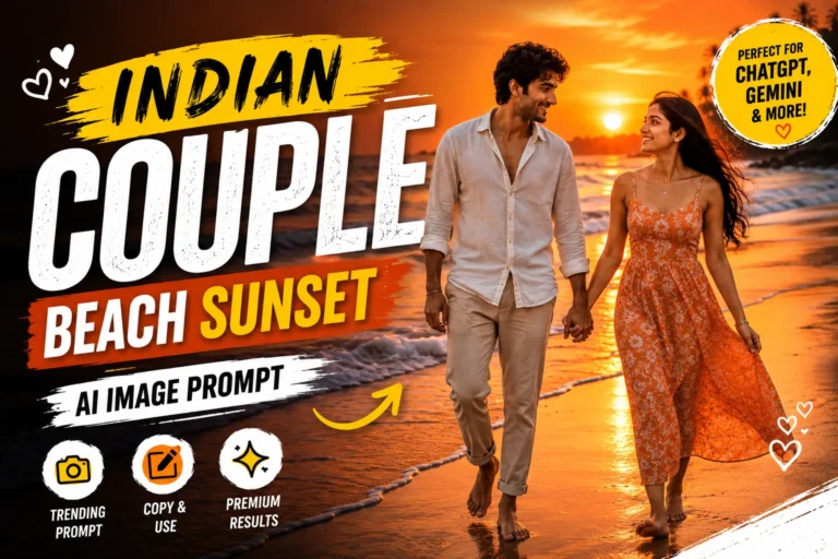 Prompt Seen thumbnail featuring a romantic Indian couple walking barefoot on a beach at sunset with an AI image prompt for creating ultra-realistic couple photos using ChatGPT and Gemini AI.