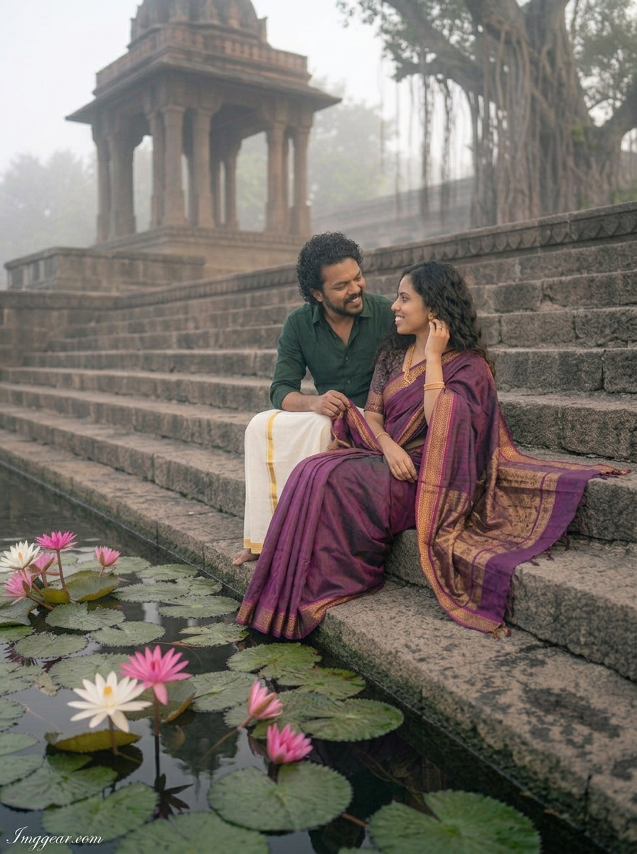 Temple pond couple AI photo prompt intimate close-up example