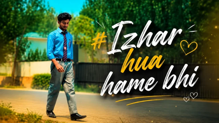 Cinematic feature image of a young student in a blue school uniform and striped tie walking along a sunny tree-lined road, with bold white and yellow text reading “Izhar hua hame bhi” and heart decorations in the background.