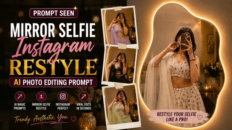 Prompt Seen Mirror Selfie Instagram Restyle AI Photo Editing Prompt featuring a stylish Indian girl in a traditional outfit