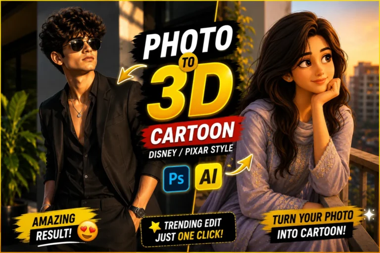 prompt seen 3D cartoon AI photo transformation thumbnail featuring animated boy and girl with Disney Pixar style effects