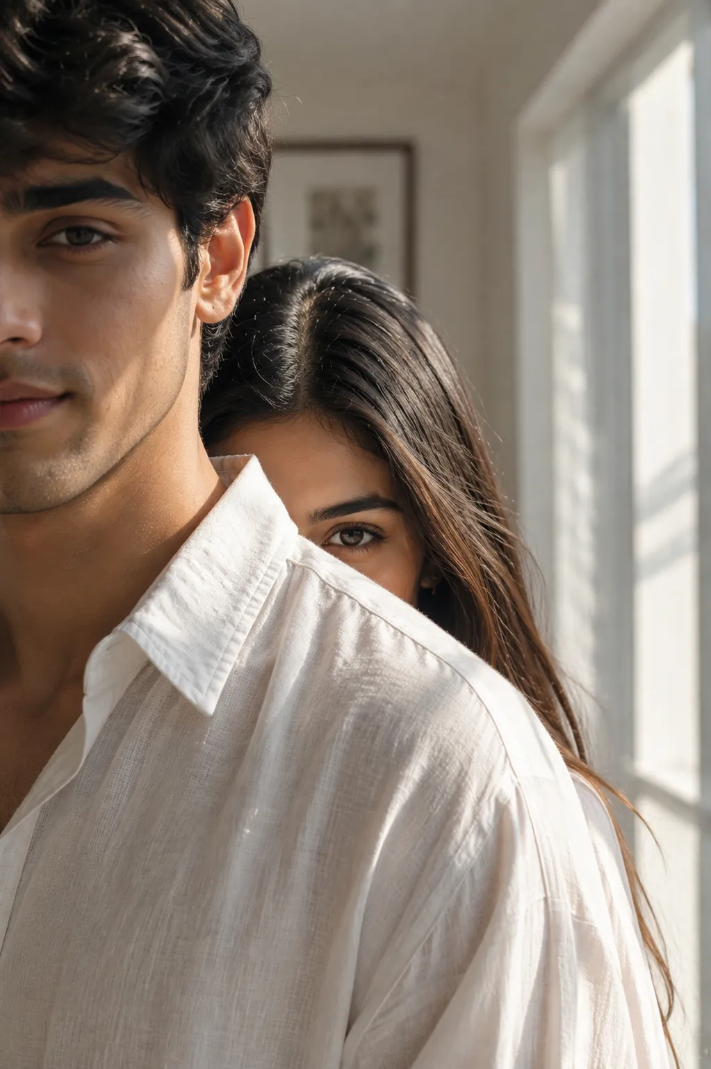 Over-the-Shoulder Couple Portrait AI Prompt example