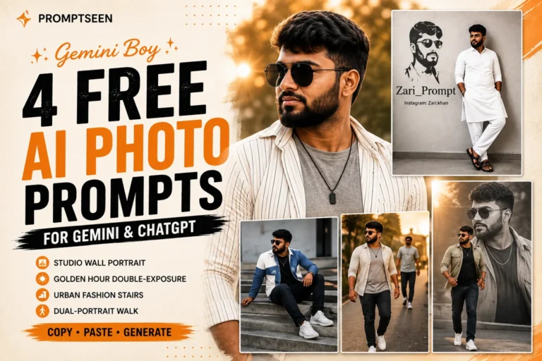 Prompt Seen Gemini Boy feature image showing four cinematic AI photo prompt styles for Gemini and ChatGPT, including studio portrait, golden-hour double exposure, urban fashion stairs, and dual-portrait walk.