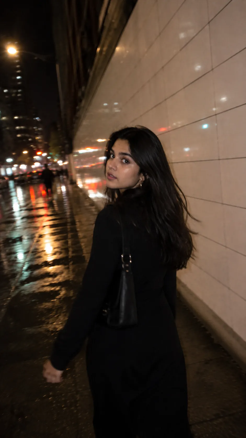 Girl Walking at Night Cinematic Street Photo AI Prompt example