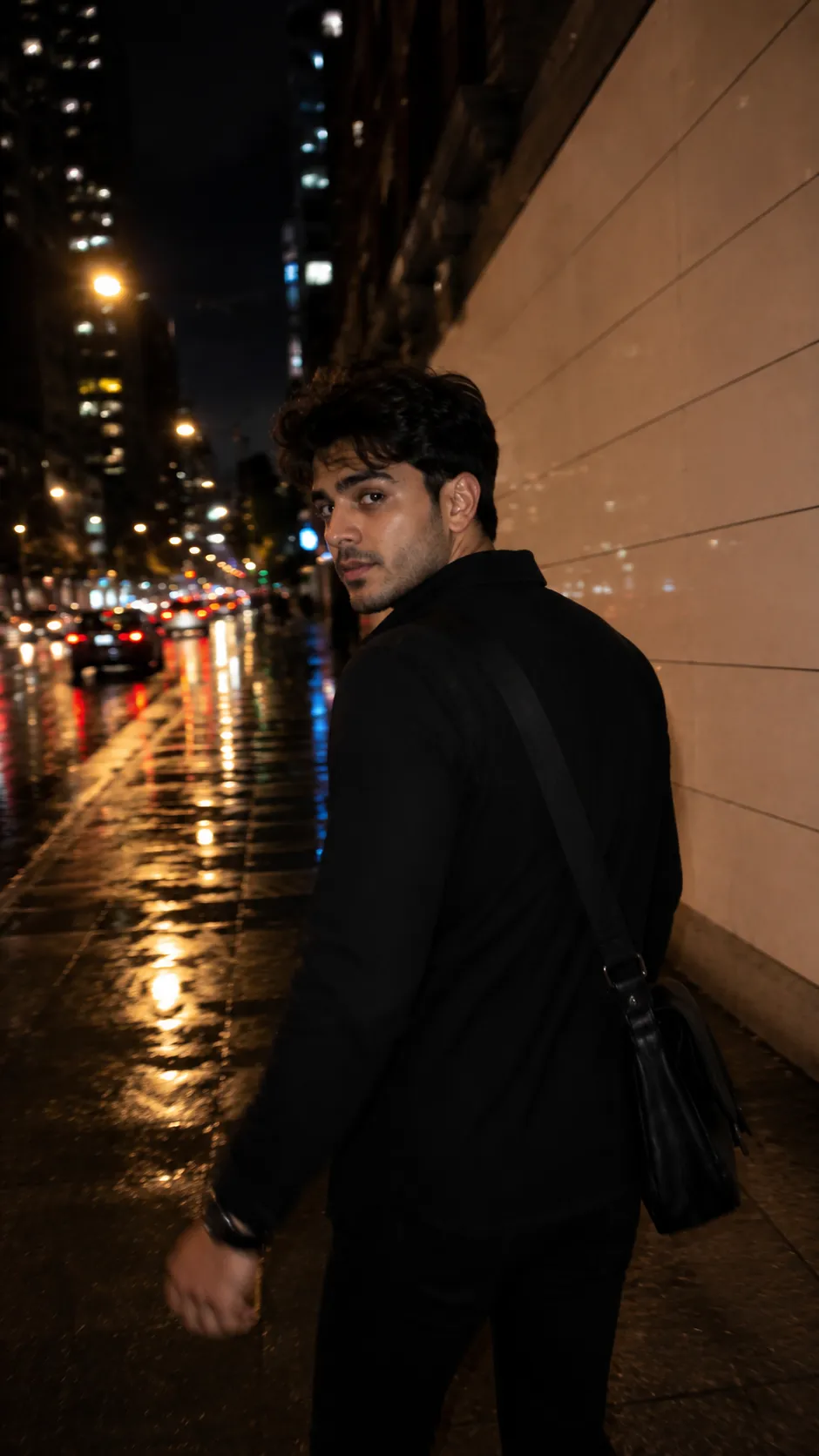 Handsome Boy Walking at Night Urban Photo AI Prompt example