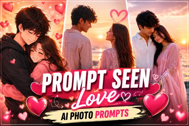 Prompt Seen love couple AI photo prompts thumbnail featuring anime and romantic couple images with hearts