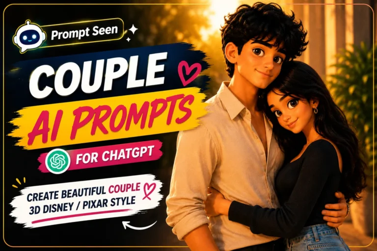 Prompt Seen – Couple AI Prompts for ChatGPT featuring a beautiful 3D Disney Pixar style couple in a romantic golden-hour scene