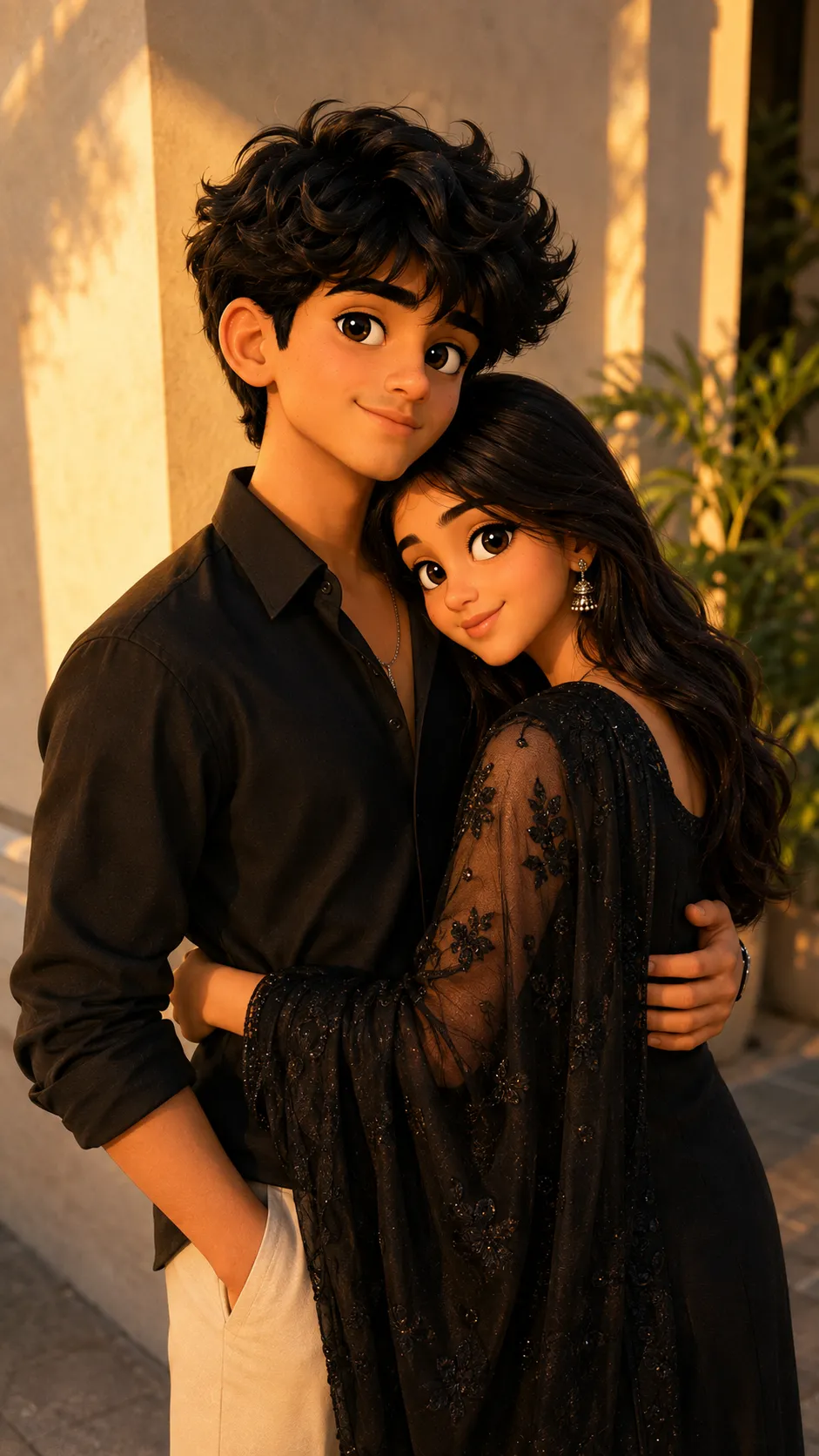 Romantic 3D Disney Pixar couple AI photo prompt example