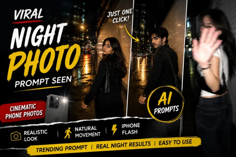 prompt seen viral night photo AI prompts featuring realistic smartphone photos of a girl and boy on a rainy city street with cinematic lighting