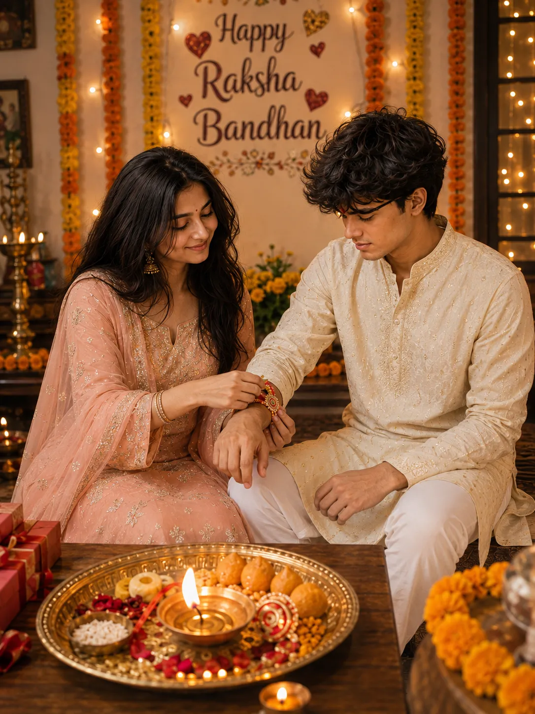 Raksha Bandhan AI photo editing prompt cream and peach portrait example