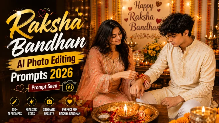 Prompt Seen Raksha Bandhan couple AI photo editing prompts 2026 with festive Indian celebration