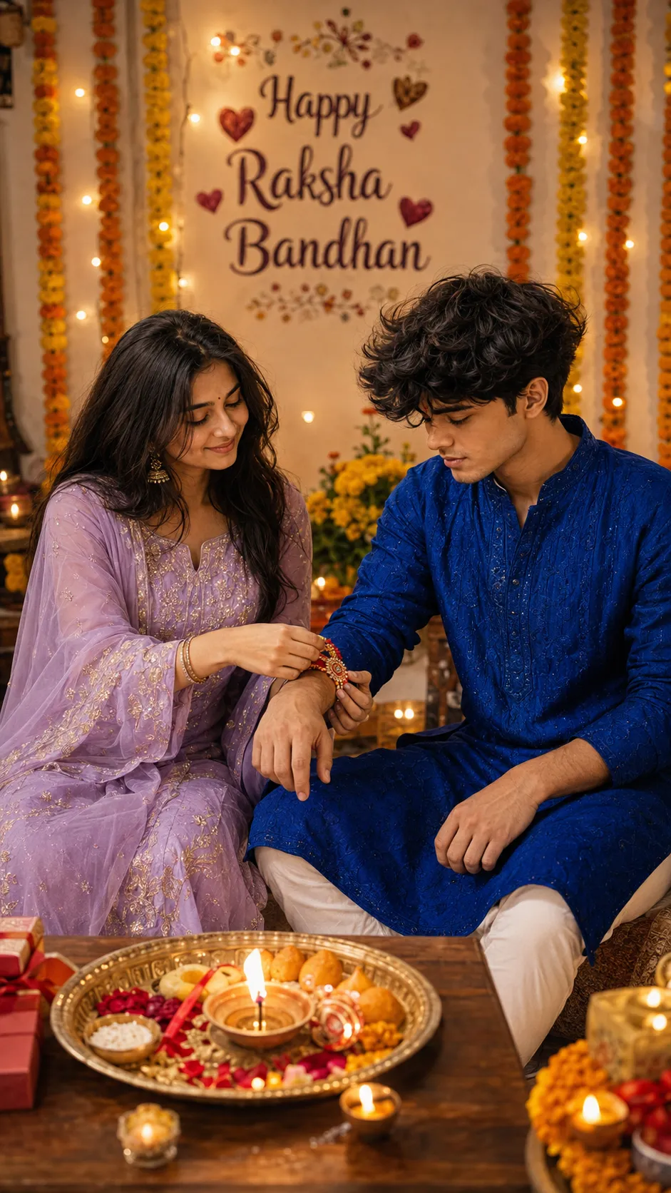 Raksha Bandhan AI photo editing prompt royal blue and lavender portrait example